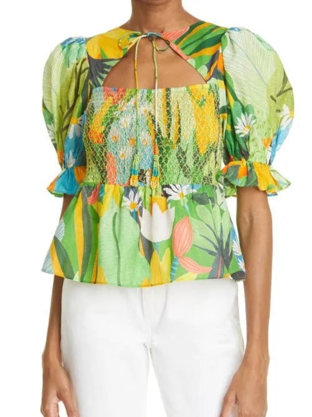 FARM Rio Green Floral Smocked Peplum Toucan Top